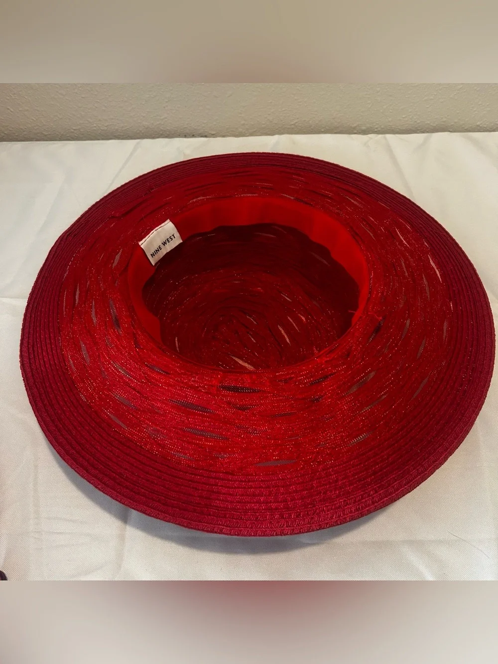 Nine West Red Braided Wide-Brim Hat with Bead Trim